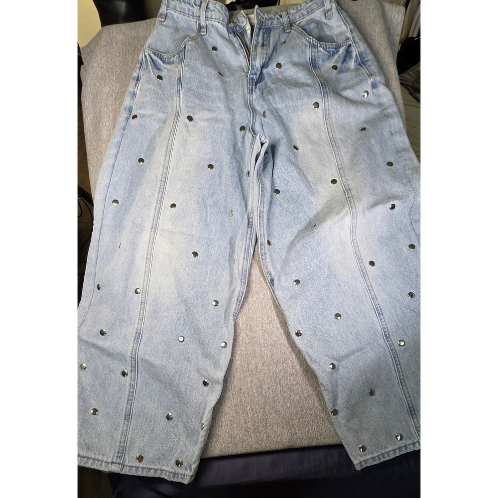 Klesis Womens Studded Wide Leg Jeans Light Wash Seam Detail Blue Denim Size M